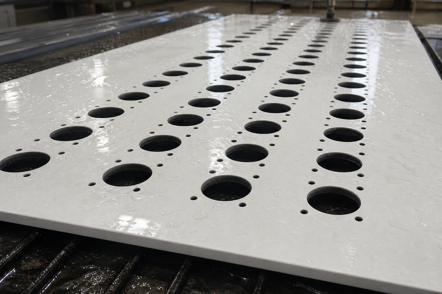 Pieza cortada por Waterjet sobre mesa de agua